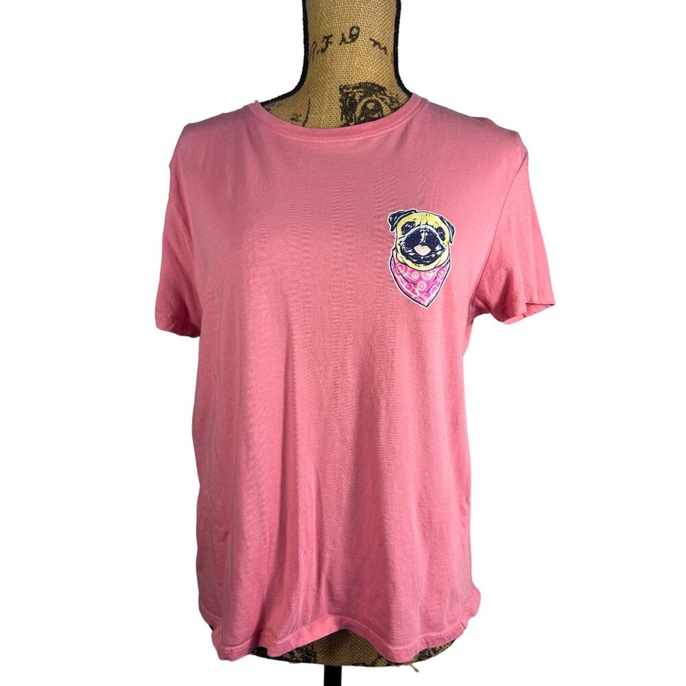 Women's Graphic Tee Sz L Pugs & Kisses Pink Benny & Belle Pug Dog Print